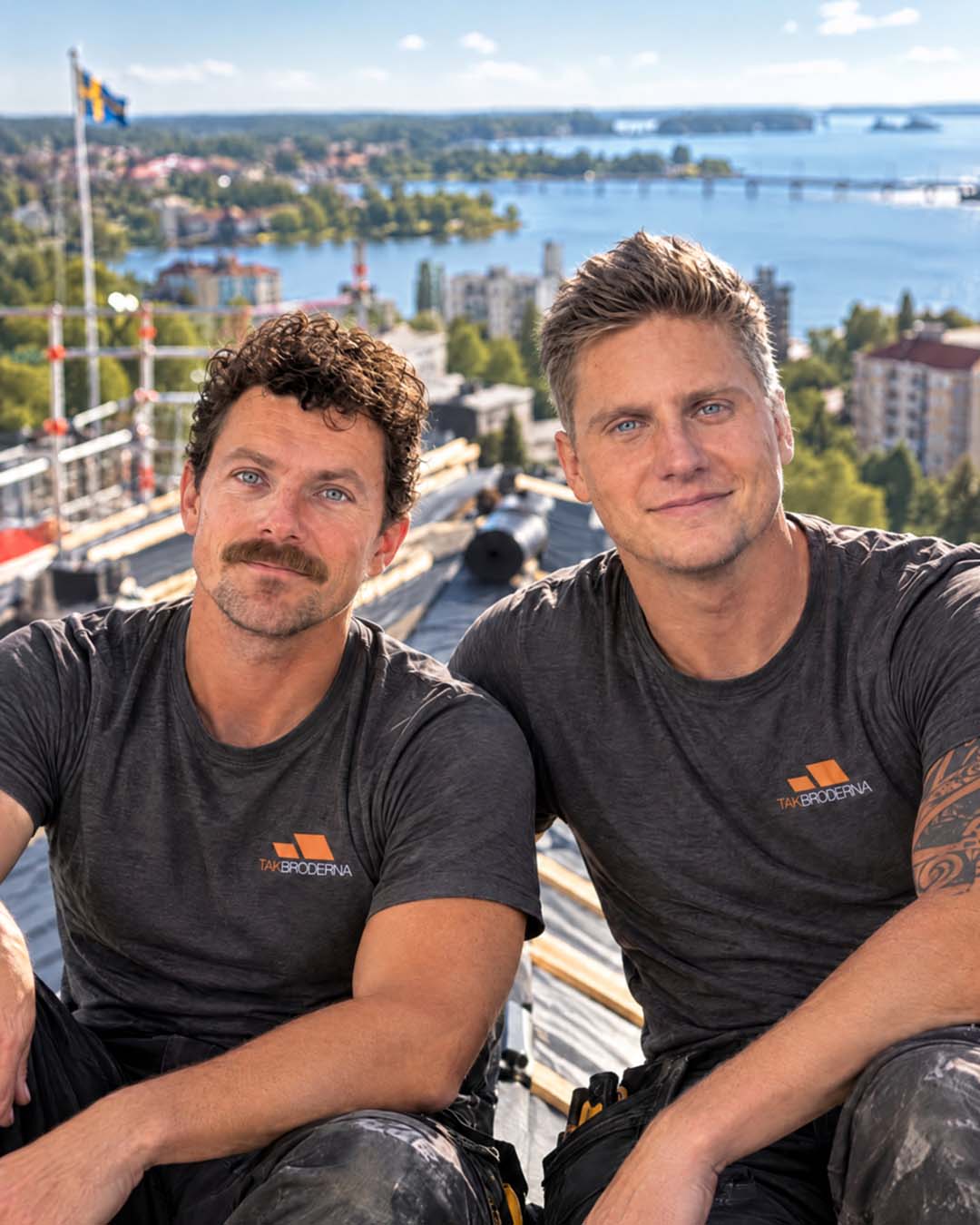 Martin och Gustav Liljegren i Takbrödernas arbetskläder på en byggställning.